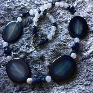 Blue Agate & Snow Quartz Necklace w/ Faceted Glass